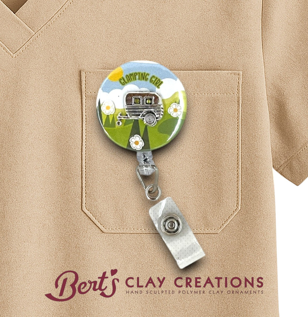 Glamping Girl Badge Topper – Swappable Badge ID Clip – Camping Gift – Handmade Work Accessory – Outdoor Adventure Badge Flair
