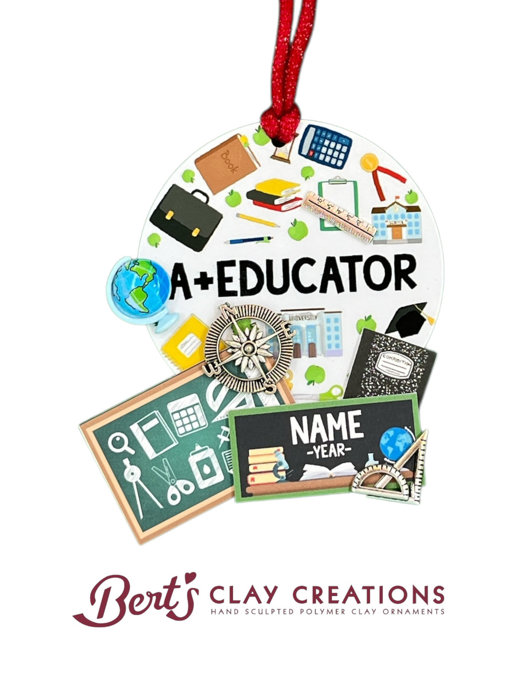 • Hand-sculpted polymer clay ornament for educators
• Miniature school-themed decorations including books, globe, pencil, and chalkboard
• Text reads “A+ EDUCATOR” with customizable nameplate
• Ornament with red ribbon for hanging
• Personalized holiday ornament for teachers and mentors