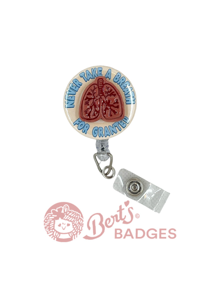 Polymer Clay Badge Holder Professional Medical Identification Display Anatomical Lungs Design Waterproof Construction Hospital Staff Accessory Stethoscope ID Clip Multiple Attachment Options Respiratory Theme Message Blue Text Round Shape