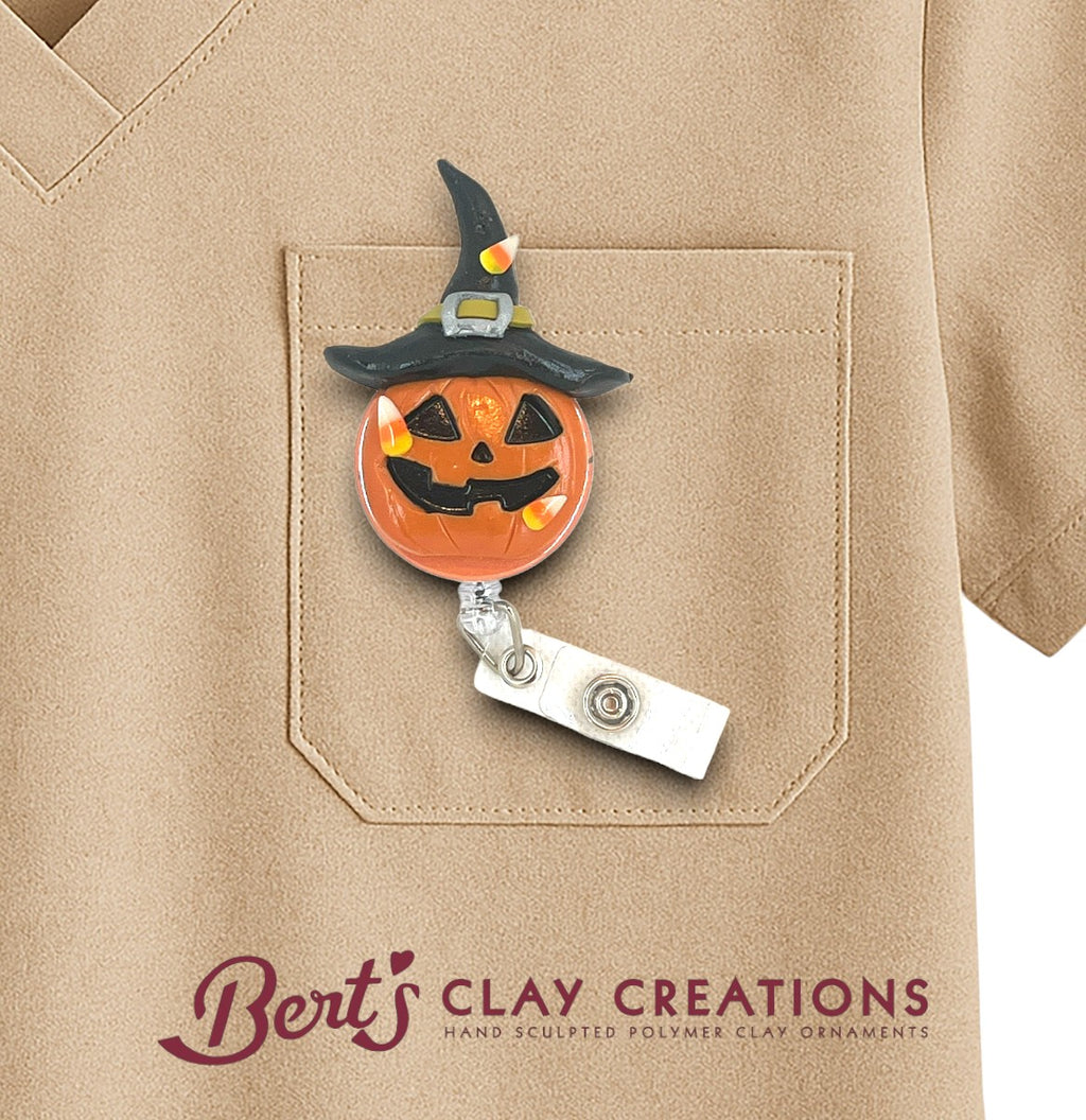 Witchy Workday Pumpkin – Halloween Badge Reel with Candy Corn Charm