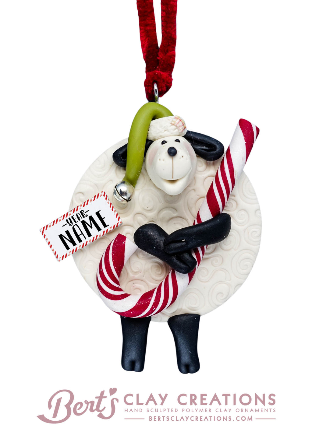 Hallelujah - Candy Cane Sheep Ornament - Bert's Clay Creations