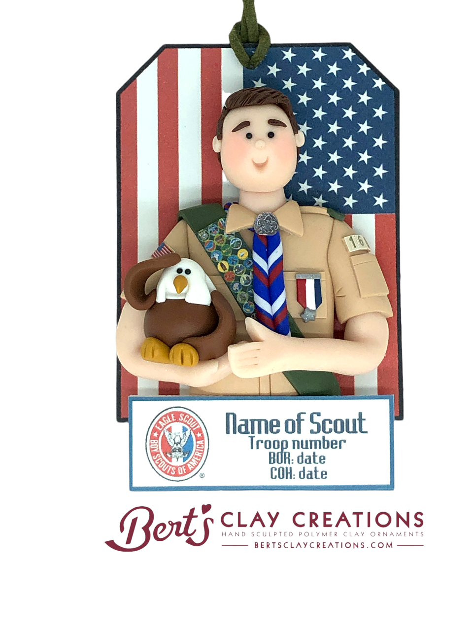 Scouting America - Eagle Rank Ornament with American Flag Background - Bert's Clay Creations