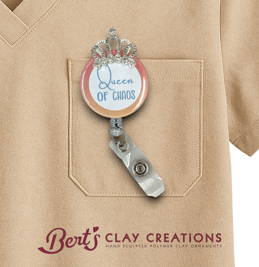 Swappable Badge Reel Topper – Queen of Chaos ID Clip – Interchangeable Lanyard Accessory – Funny Nurse Gift – Crown Badge Charm
