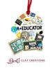 • 	Hand-sculpted polymer clay ornament for educators
• 	Miniature school-themed decorations including books, globe, pencil, and chalkboard
• 	Text reads “A+ EDUCATOR” with customizable nameplate
• 	Ornament with red ribbon for hanging
• 	Personalized holiday ornament for teachers and mentors
