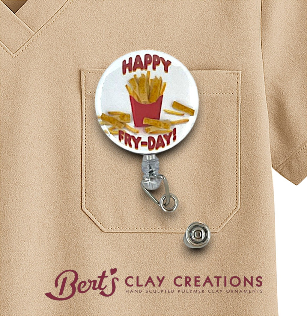 Happy Fry-Day Badge Topper – Swappable Clay ID Clip – Funny Foodie Gift – Handmade Work Accessory – Nurse Office Flai