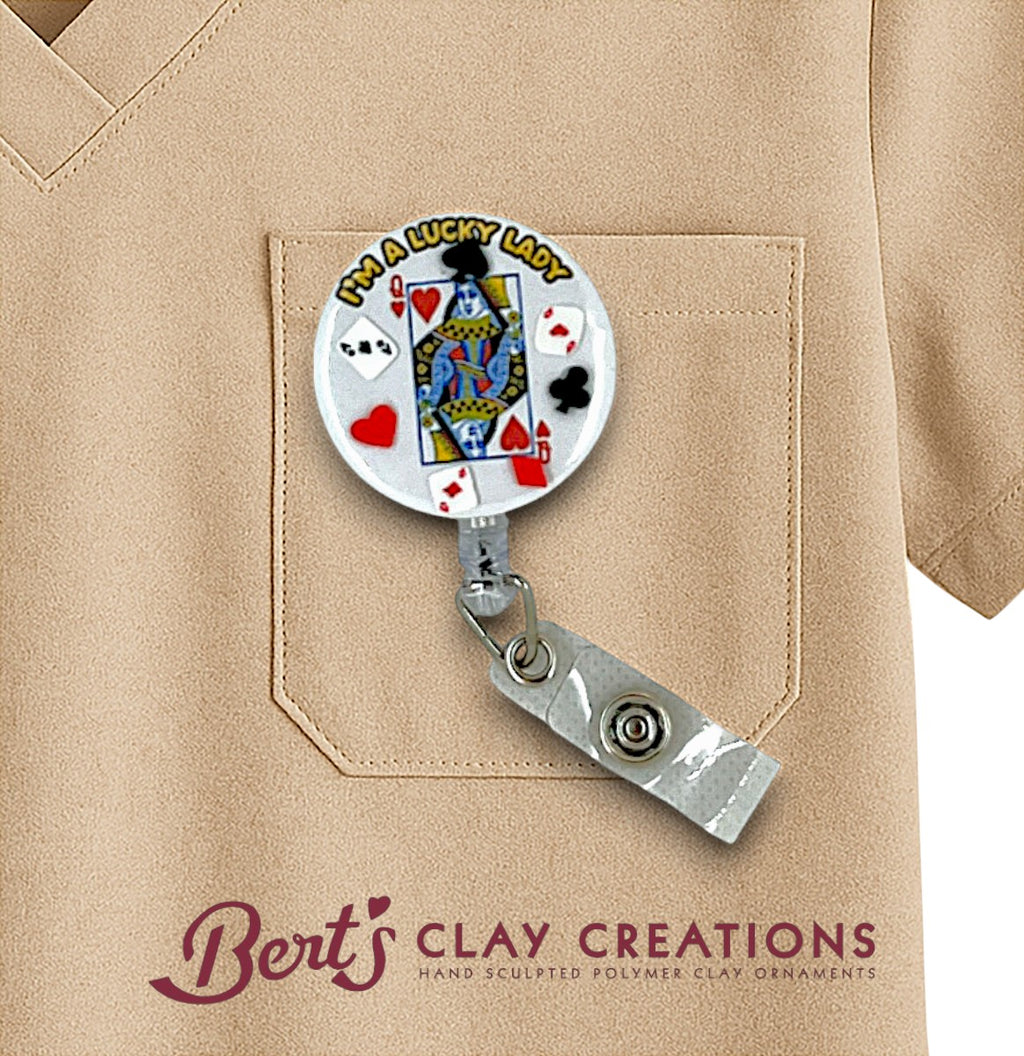 Swappable Badge Reel Topper Casino Badge Queen of Hearts Badge I'm A Lucky Lady Badge Retractable ID Badge Poker Game Badge