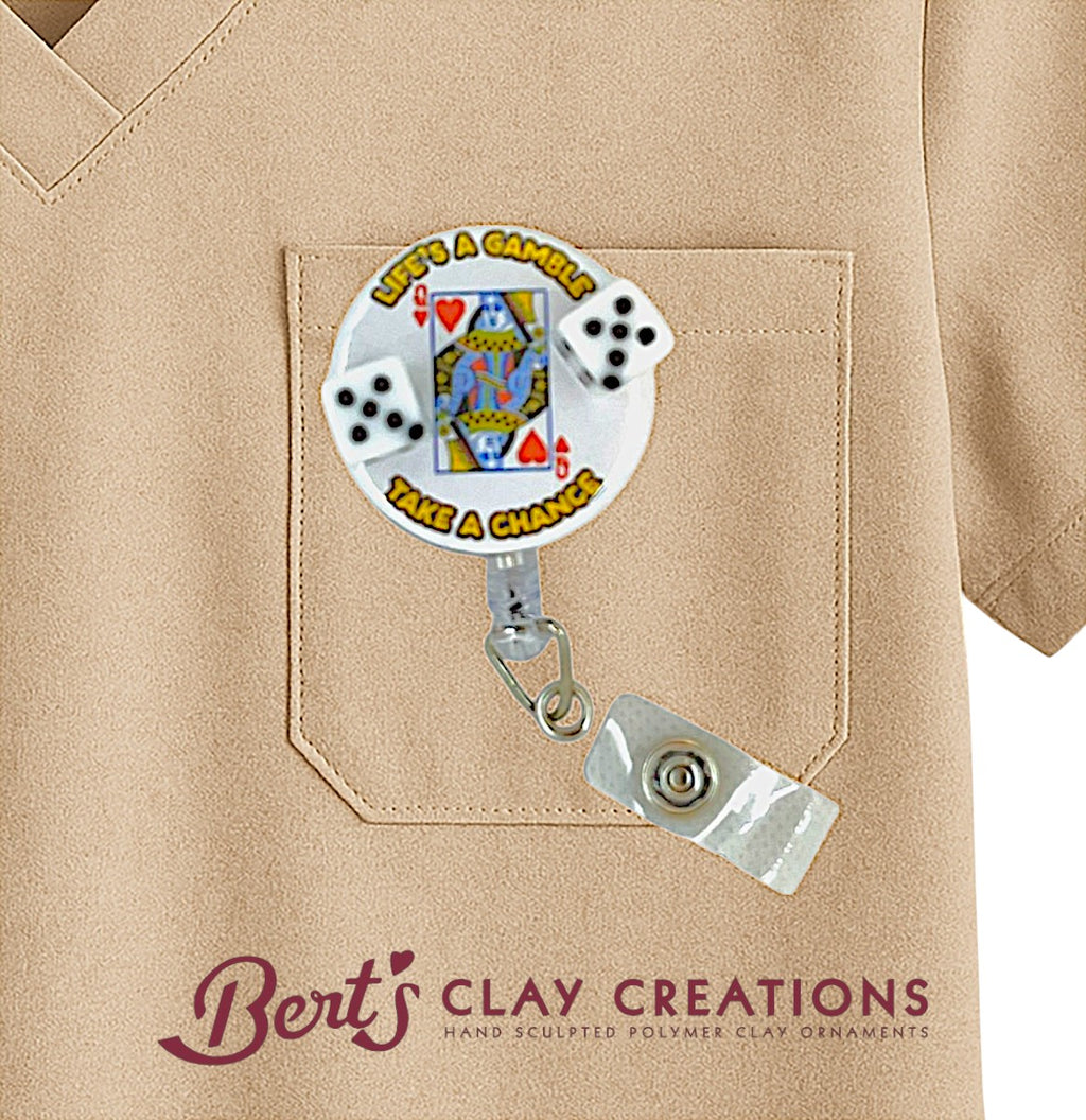 Life’s a Gamble Badge Topper – Swappable Dice & Card ID Clip – Handmade Work Accessory – Casino Nurse Gift – Lanyard Badge Flair