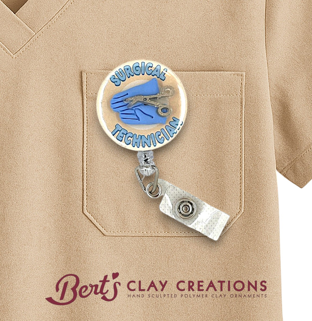 Surgical Themed Badge holder with 'Surgical Technician' text on a beige shirt, featuring 'Bert's Clay Creations' logo.