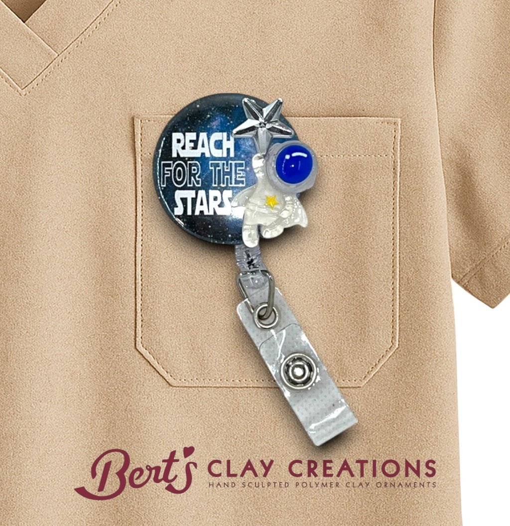 Reach for the Stars Badge Topper – Swappable Clay ID Clip – Astronaut Gift – Motivational Work Accessory