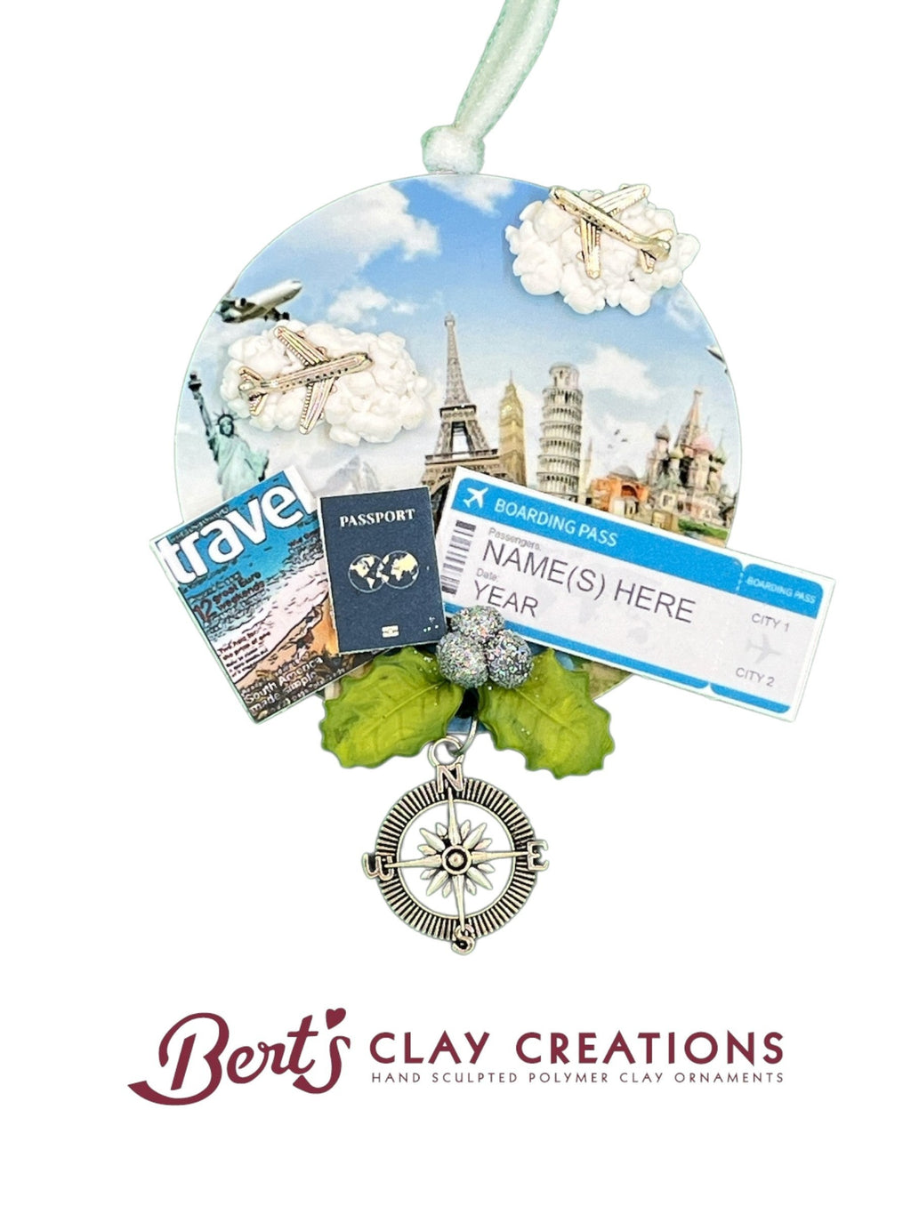 Bert's Clay Creations handcrafted travel ornament featuring European landmarks, miniature passport, and boarding pass.