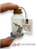 Decorative bottle with cork stopper, airplane, passport, and 'Adventure is Out There' tag, held by a hand with 'Bert's Clay Creations' branding.